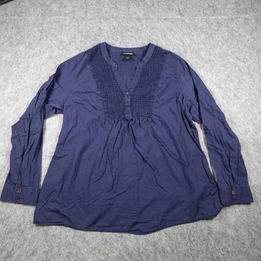 Lane Bryant Top Women 14/16 Navy Blue Smocked Embroidered VNeck Henley Cotton